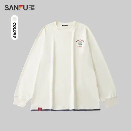 三福2024春季男士胸口小印花纯棉长T恤 休闲圆领上衣男482458商品大图
