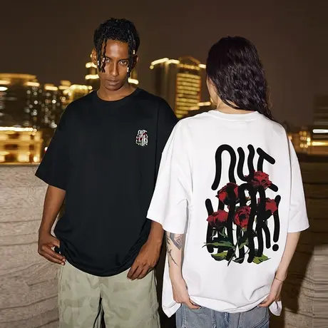 欧美复古玫瑰情侣装T恤男潮牌潮流短袖宽松大码情侣半袖上衣夏季商品大图