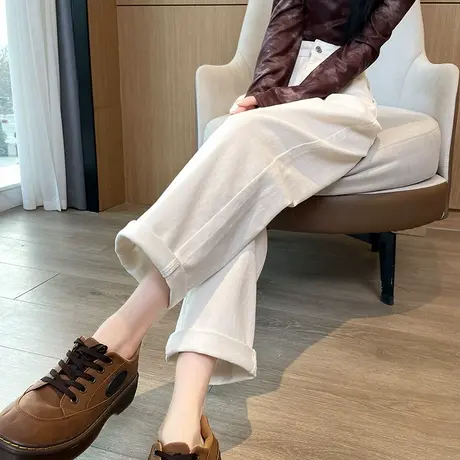 杏色阔腿牛仔裤女春秋季高腰窄版八九分150cm小个子直筒烟管裤子商品大图