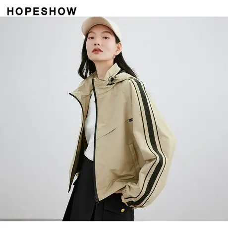 红袖撞色边拉链冲锋衣女hopeshow2024春季新款防风保暖连帽外套图片