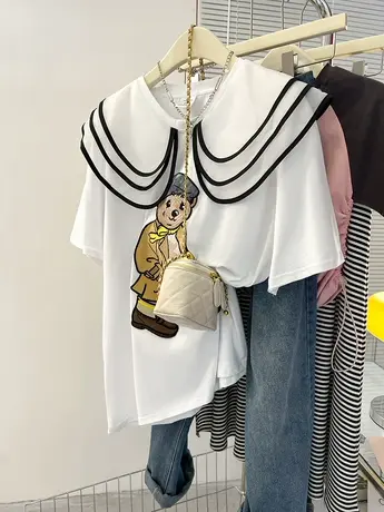 纯棉娃娃领设计感短袖t恤女夏季新款小众宽松学生洋气减龄上衣服商品大图