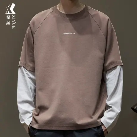 希越潮牌美式假两件长袖T恤男2024春季宽松大码280g重磅男士体恤商品大图