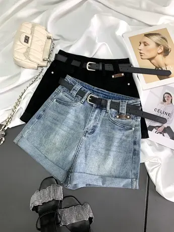 东大门复古磨白卷边牛仔短裤2024春夏新款显瘦百搭辣妹弹力高腰裙商品大图