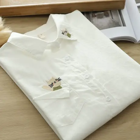 春秋装文艺小清新可爱刺绣不规则纯棉长袖衬衫女学生宽松叠穿衬衣商品大图