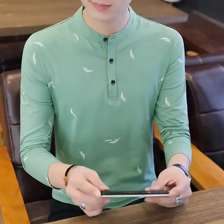 秋季打底衫立领Polo衫男保暖纯棉加绒加厚款长袖T恤上衣服内搭衣商品大图