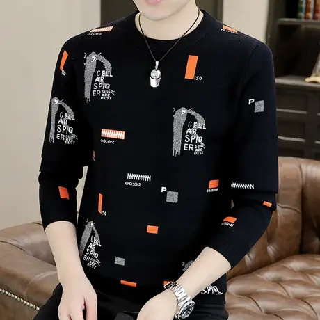 秋冬季长袖打底衫男毛衣韩版潮流圆领提花针织衫百搭休闲大码线衣商品大图