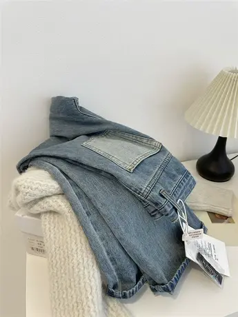 蓝色高腰直筒牛仔裤女！春秋显腿长撞色口袋百搭显瘦阔腿休闲长裤图片