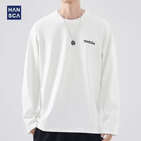 hansca 美式重磅纯棉长袖t恤男春季新款圆领宽松大码白色内搭上衣商品大图