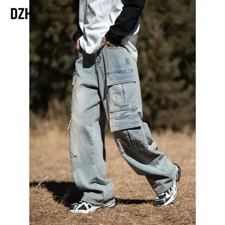 男生工装裤美式浅色牛仔裤男春季男裤2024新款痞帅阔腿裤休闲长裤商品大图