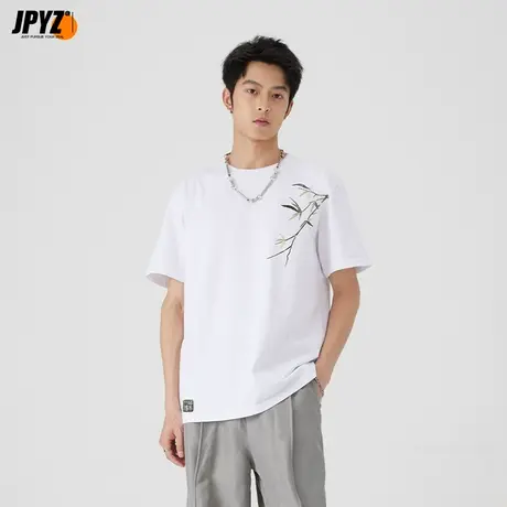 中国风短袖T恤夏季新款白色宽松凉感短t男重工刺绣圆领体恤五分袖商品大图