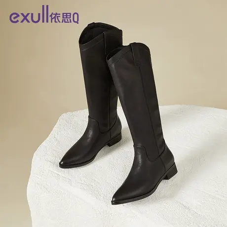 依思Q尖头长筒靴女2023年秋冬季新款英伦风粗跟骑士靴百搭女靴子商品大图