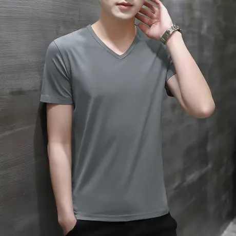 莫代尔夏季t恤短袖男简约百搭V领纯色冰丝冰感上衣服男装潮流半袖商品大图