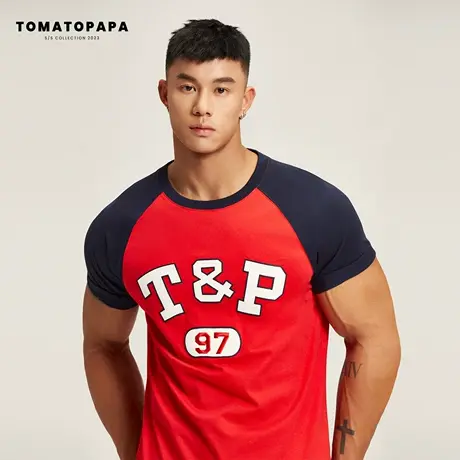 TOMATOPAPA美式短袖插肩袖体恤重工贴布品牌绣花拼接撞色健身上衣商品大图