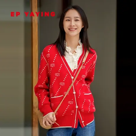 EP雅莹女装 提花软糯绵羊毛奶奶衫V领开衫 商场同款9103A图片