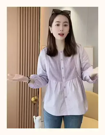 2023年春季新款时尚衬衣圆领九分袖衬衫女洋气百搭小个子短款上衣图片