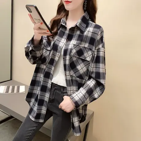 polo领格子衬衫女2023年秋冬新款女装宽松大口袋撞色外套上衣百搭商品大图