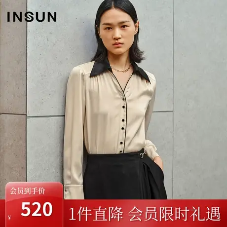 恩裳2023秋季新款法式简约光泽感奶油白领口撞色设计衬衫图片