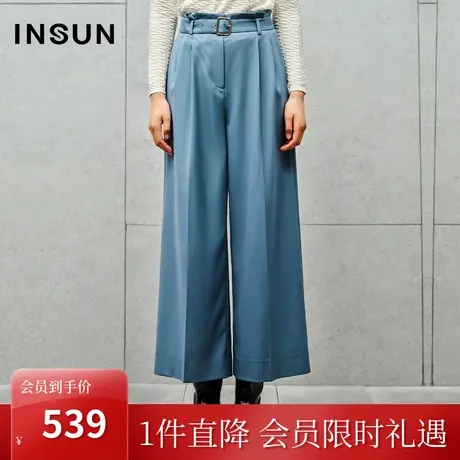 恩裳2023秋装新款气质简约休闲裤肌理感高腰腰带设计弹力阔腿裤女商品大图