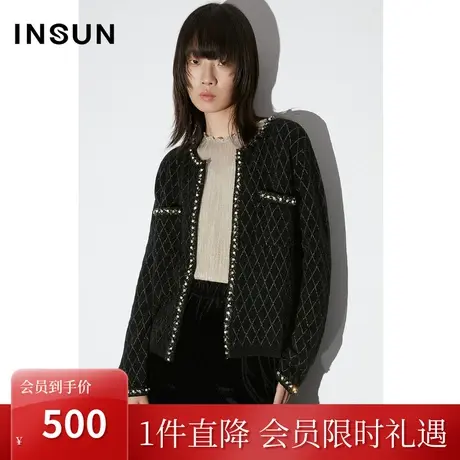 恩裳COVER2023春款新款摩登贵气金线菱格纹香风珍珠白钻流苏外套商品大图