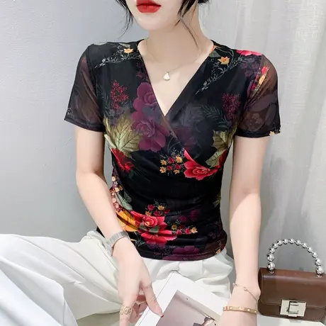 复古印花短袖T恤女2023夏季新款性感交叉V领上衣修身显瘦网纱小衫商品大图