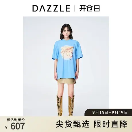 DAZZLE地素奥莱 春季蓝色小众宽松印花立体刺绣短袖T恤上衣女图片