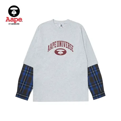 Aape旗舰店男装秋冬猿颜图案字母印花格纹拼接长袖T恤1402XAL商品大图