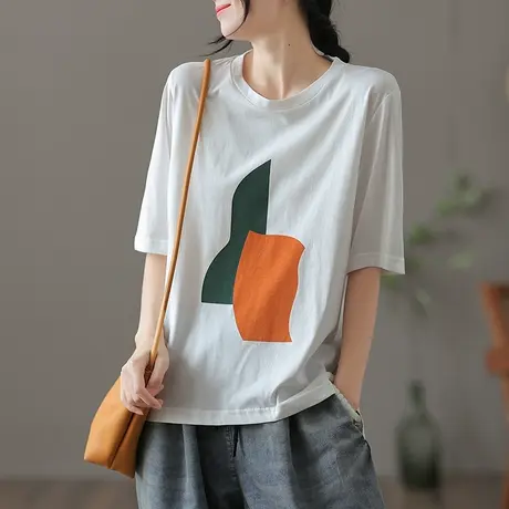dza 复古休闲圆领宽松t恤女士夏季薄款纯棉短袖短款上衣女打底衫商品大图