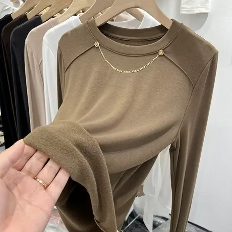 设计感项链磨毛加薄绒长袖T恤女2022秋冬新款洋气内搭打底衫上衣商品大图