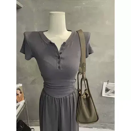 日常好身材～纯色扣子开领短袖T恤女小个子百搭修身显瘦打底上衣商品大图