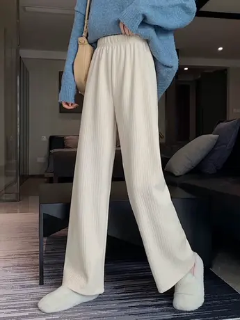 阔腿裤女秋冬加厚灯芯绒奶奶裤子显瘦高腰垂感宽松直筒杏色休闲裤商品大图