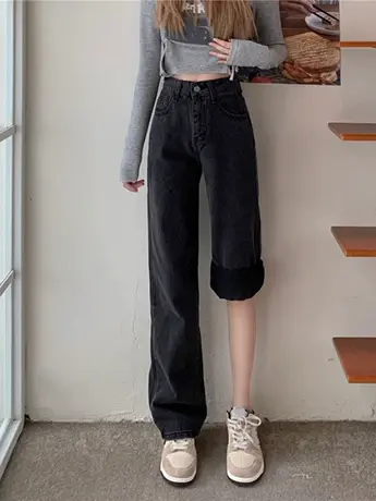 薄款小个子黑灰色牛仔裤女春秋2023高腰宽松显高拖地长裤阔腿裤子商品大图