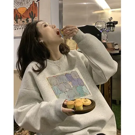 大象印花圆领卫衣女大码秋冬加绒加厚落肩美式复古宽松慵懒风上衣图片