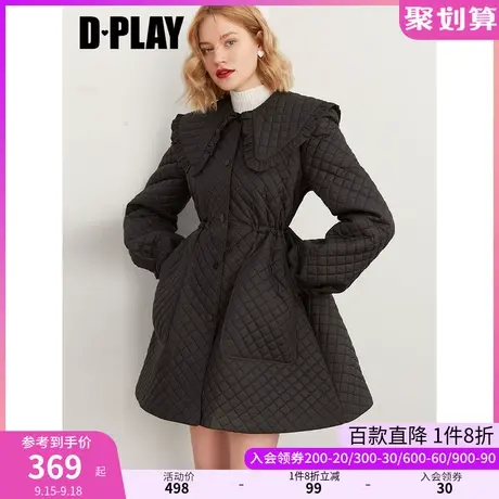 DPLAY冬新红色复古菱形格绗棉宽松短款棉服气质高腰大摆棉衣商品大图