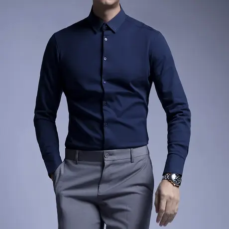 Seno弹力衬衫男长袖加绒加厚保暖修身职业正装商务韩版西装衬衣男商品大图