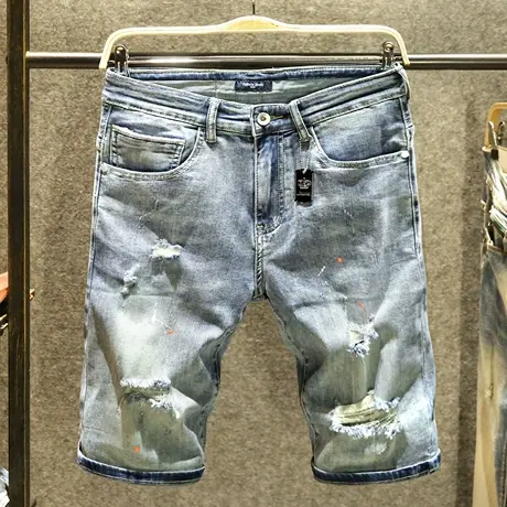 夏季刮烂牛仔短裤男五分裤直筒宽松弹力乞丐裤潮牌泼墨休闲马裤薄商品大图