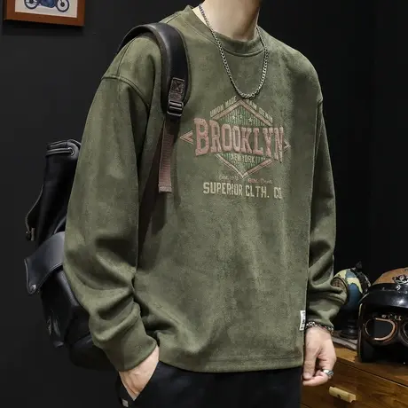 麂皮绒卫衣男秋冬款潮牌宽松大码加绒2023新款男士上衣长袖圆领商品大图