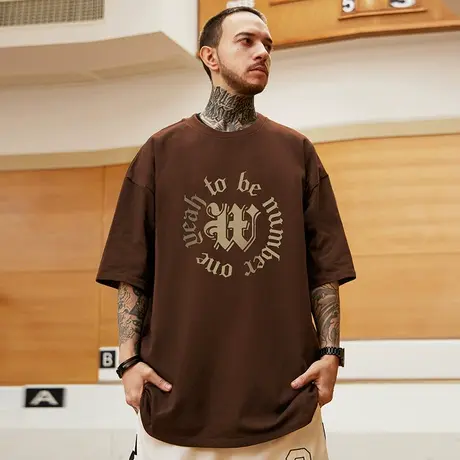 咖啡色2023美式复古潮牌宽松T恤胖子短袖纯棉大码男装夏男款半袖商品大图