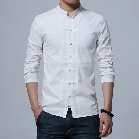 秋季长袖衬衫男中国风纯色棉麻衬衣立领复古上衣服盘扣修身打底衫商品大图