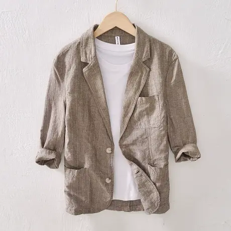 夏季棉麻七分袖西服外套男薄款条纹商务休闲单西透气日系时尚穿搭商品大图