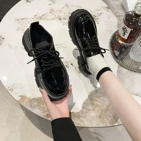 英伦风黑色小皮鞋女203春秋新款百搭系带厚底增高秋季乐福鞋单鞋商品大图