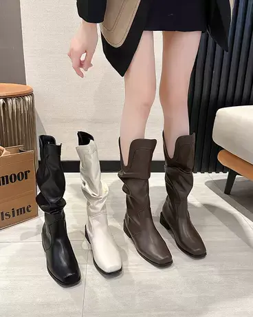 西部牛仔靴小香风马丁靴鞋子女新款2023年爆款高筒骑士堆堆长筒靴图片