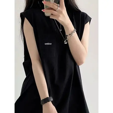 纯棉吊带运动坎肩背心无袖t恤女夏季设计感小众外穿宽松挂脖上衣商品大图