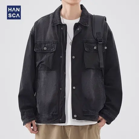 hansca美式复古长袖翻领牛仔外套男春季新款痞帅工装宽松休闲夹克商品大图
