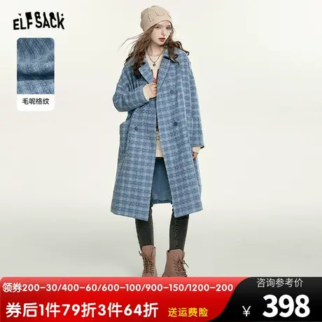 妖精的口袋格纹毛呢大衣女2023秋季新款小个子学院风蓝色长款外套商品大图