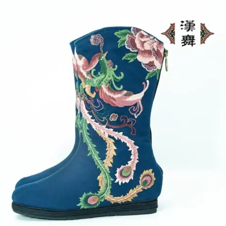 汉舞形象款中筒靴内增高女靴绣花靴子民族风满绣舒适布靴 凤凰喃商品大图