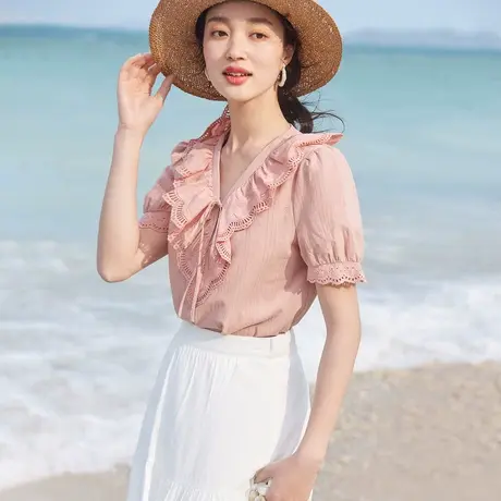 茵曼复古宫廷衬衫2023夏女装新款系带荷叶边V字领花边泡泡袖上衣图片
