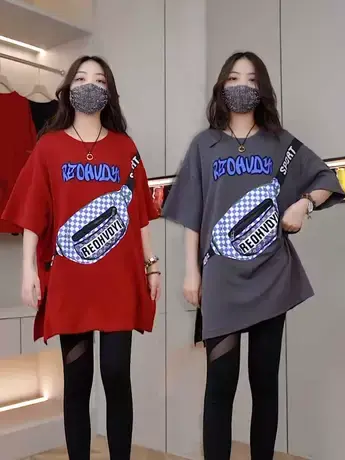 2023新款斜挎包印花拉链口袋夏季宽松大码时尚百搭女潮流短袖T恤商品大图