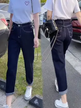 高腰深色九分牛仔哈伦裤女2023春季新款韩版显瘦休闲老爹裤直筒裤商品大图