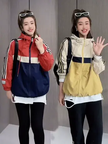 2023新款拼色外套女百搭韩版短风衣宽松连帽夹克衫短款春秋季衣服商品大图