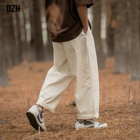 男士米白色复古裤子男款秋季直筒裤宽松高级感日系工装裤男裤长裤商品大图